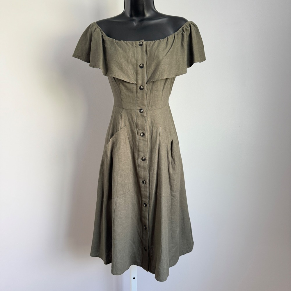 Saks Fifth Ave. Green Off Shoulder Midi Dress cottagecore ‎ Ruffle Size 2